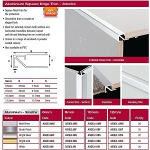 12mm Aluminium Square Edge Trim x 3 Metre